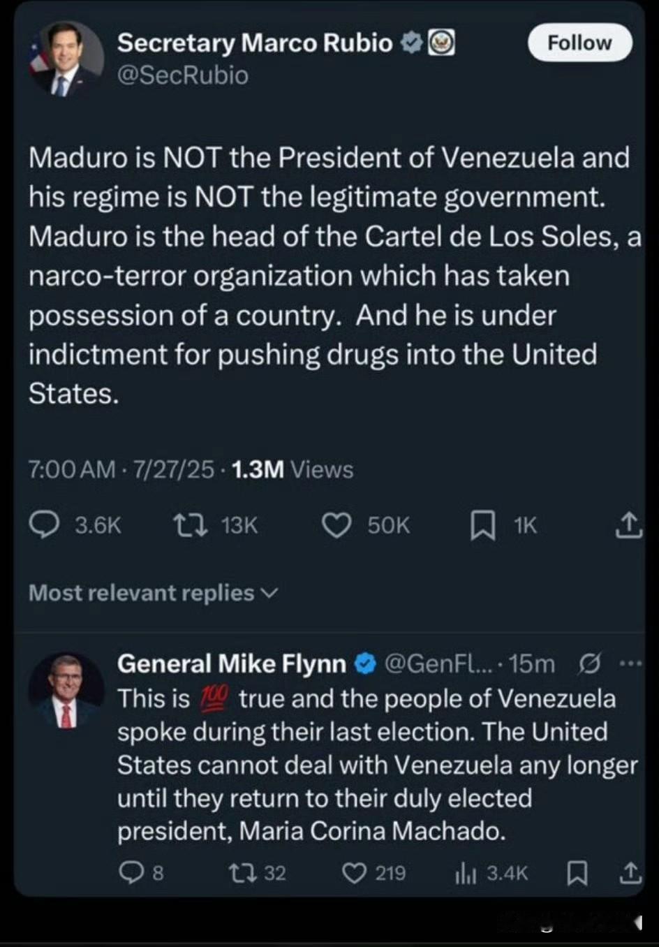 卢比奥：

马杜罗不是委内瑞拉的总统，他的政权也不是合法政府。马杜罗是