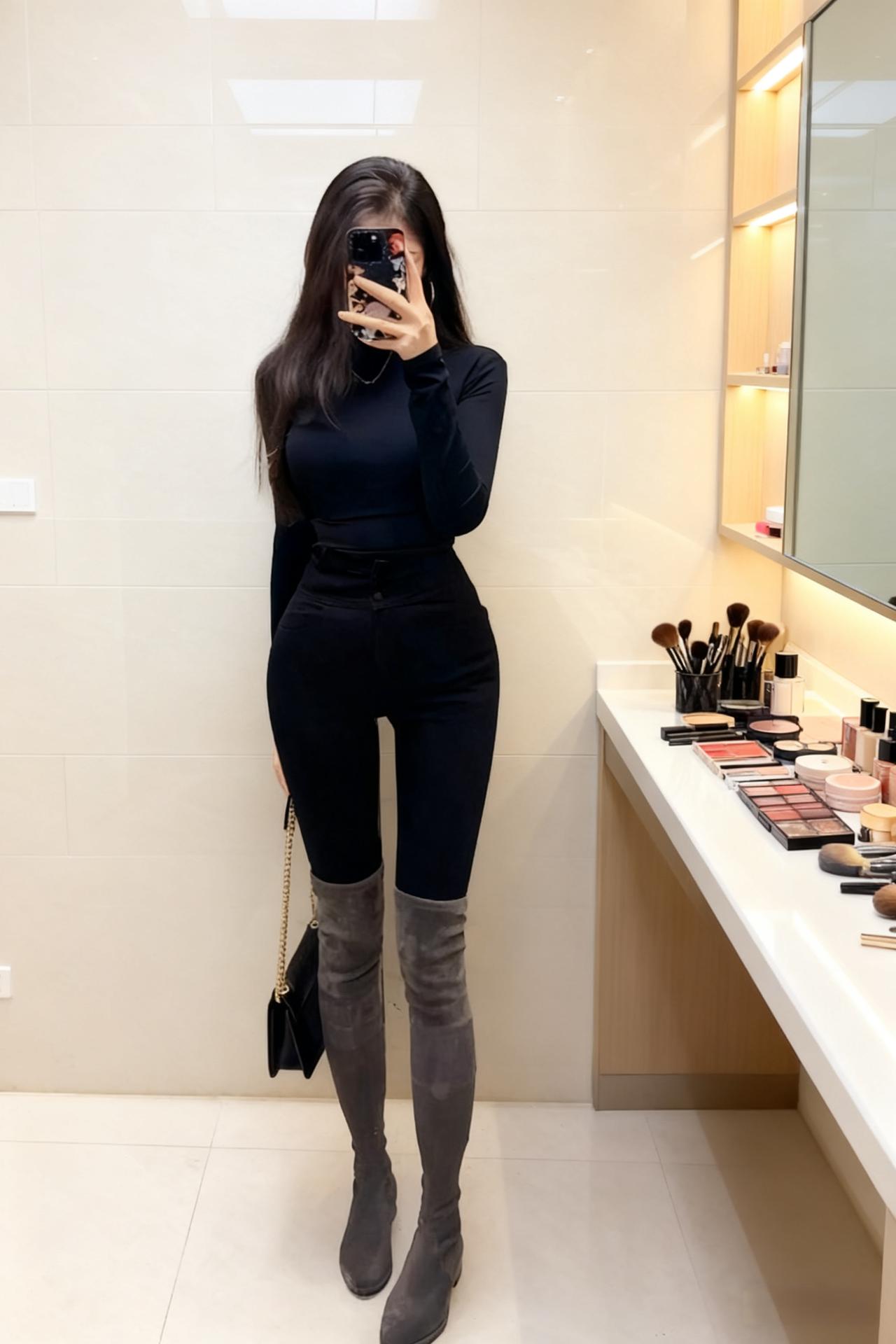 立冬啦，厚黑穿搭安排起来！先给自己拍张美照，我可太喜欢这双靴子了👢灰黑系穿搭 