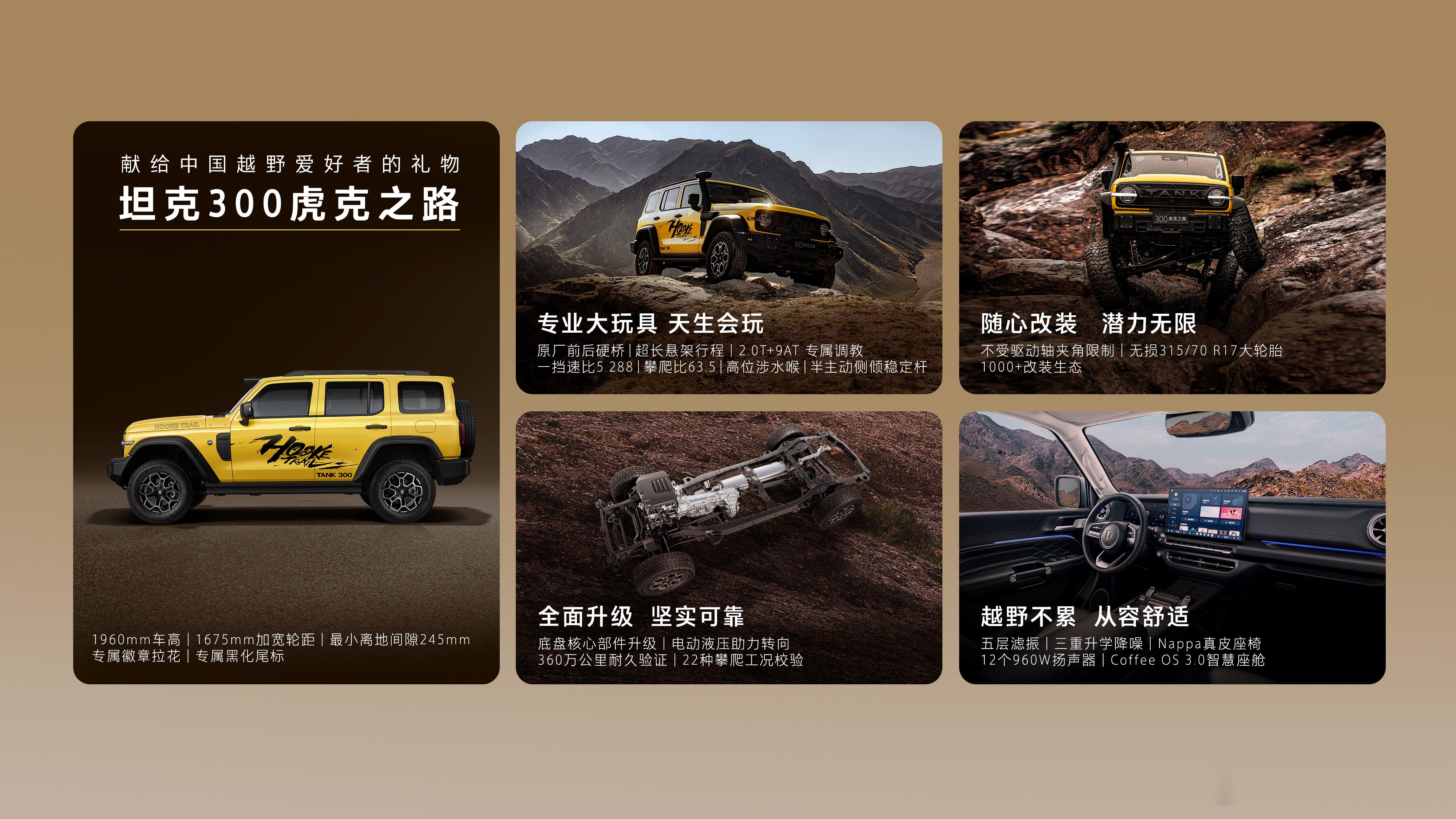 坦克300虎克之路 2.0T+9AT的售价是25万，原厂前后硬桥+涉水喉，一挡速