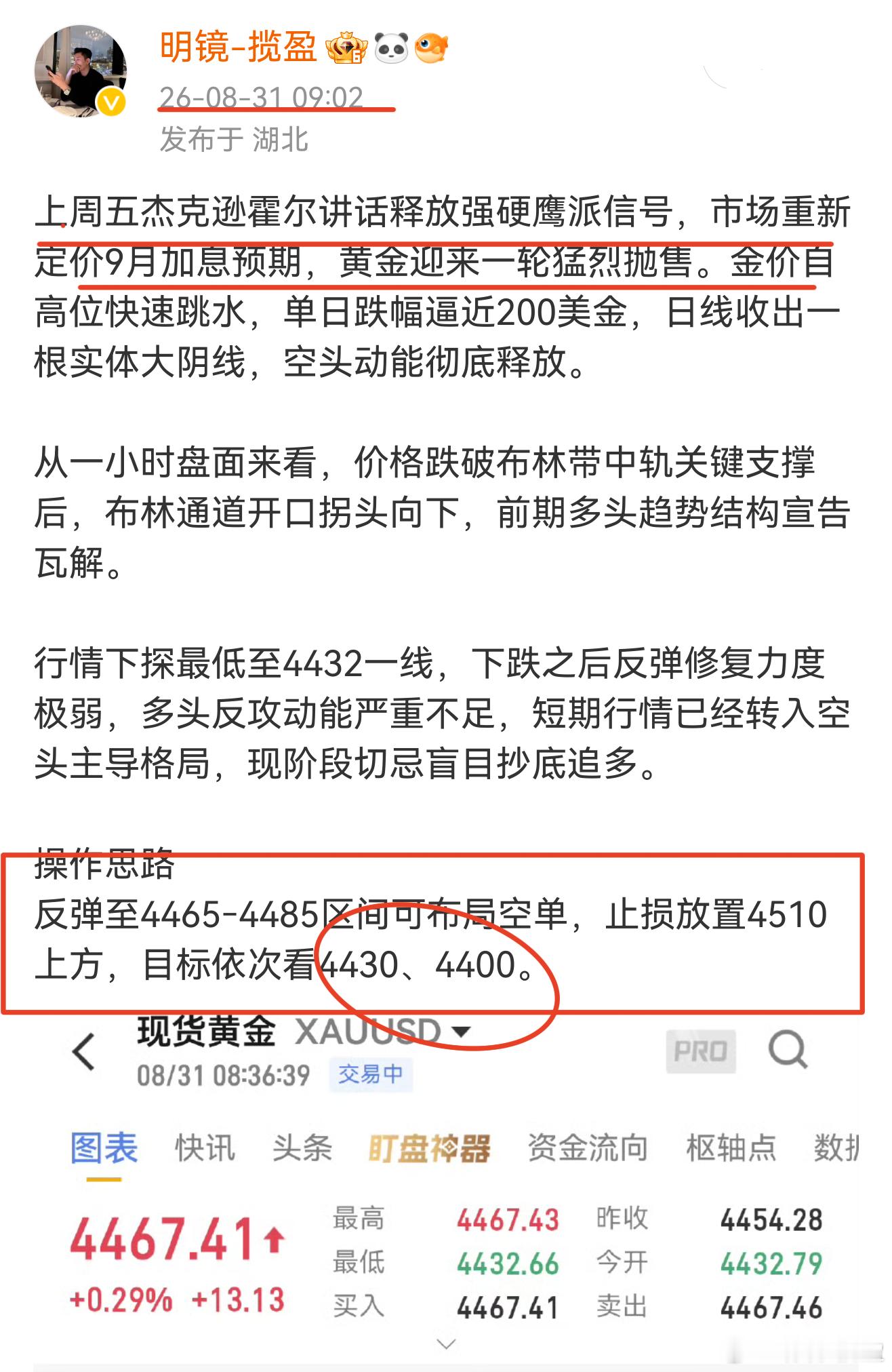 8.31黄金实战复盘｜提前锁定空头区间，行情如期兑现上周五杰克逊霍尔讲话释放强硬