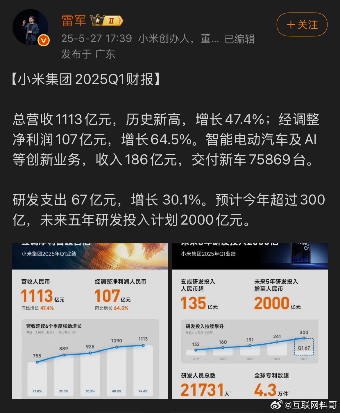 远高所有人预期！小米营收表现太强劲了！注意看，这还只是单季度的。营收高到1113