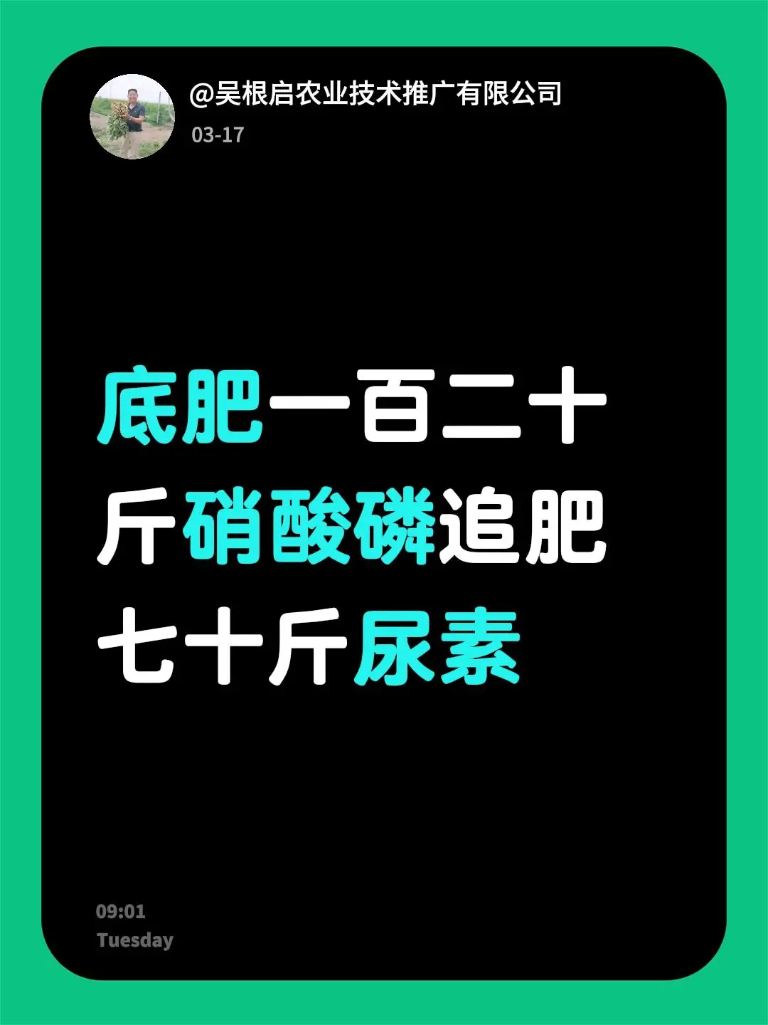 我评论了 的作品： 底肥一百二十斤硝酸磷追肥七十斤尿素