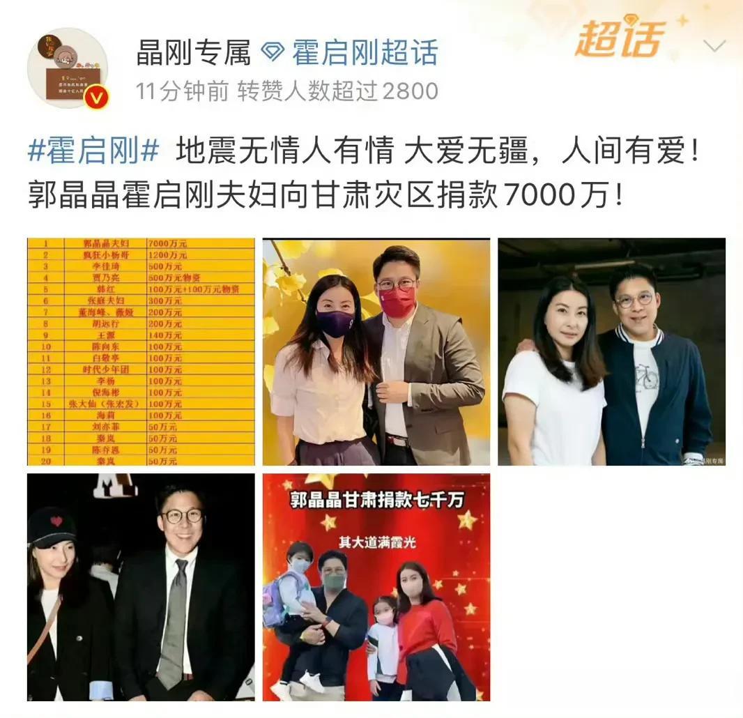 #郭晶晶霍启刚# 郭晶晶霍启刚夫妇为甘肃灾区捐款7000万！被广大网友称赞，地震