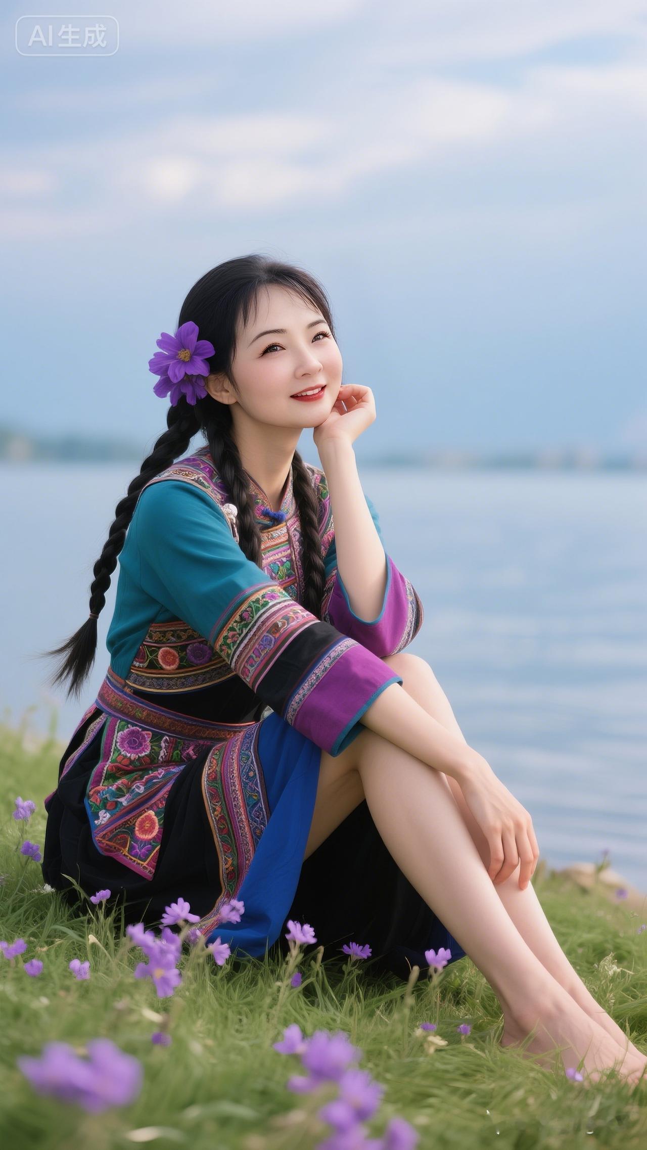 湖畔少女，花海中的民族风情！