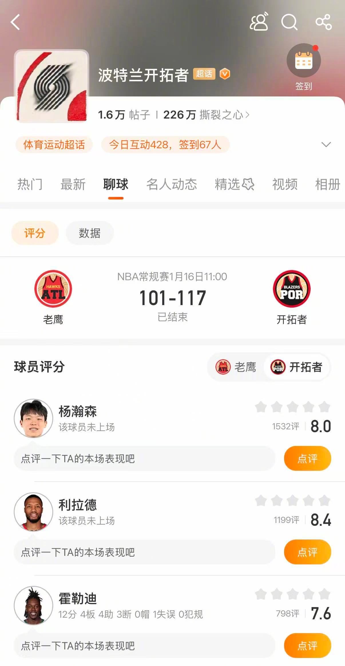 开拓者战胜老鹰 开拓者117-101战胜老鹰。杨瀚森今天没有上场，夏普24分9篮