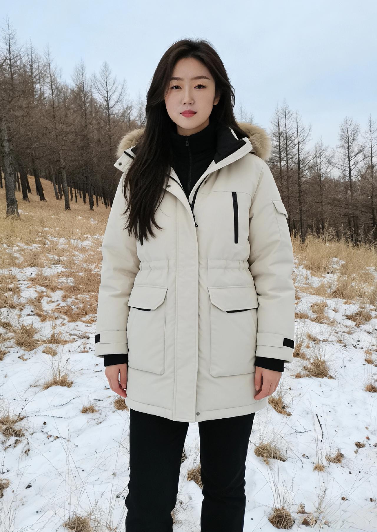 林深雪未消，径冷客行遥。
美人披素氅，缓步过溪桥。
发乱风前舞，衣香雪里飘。
回