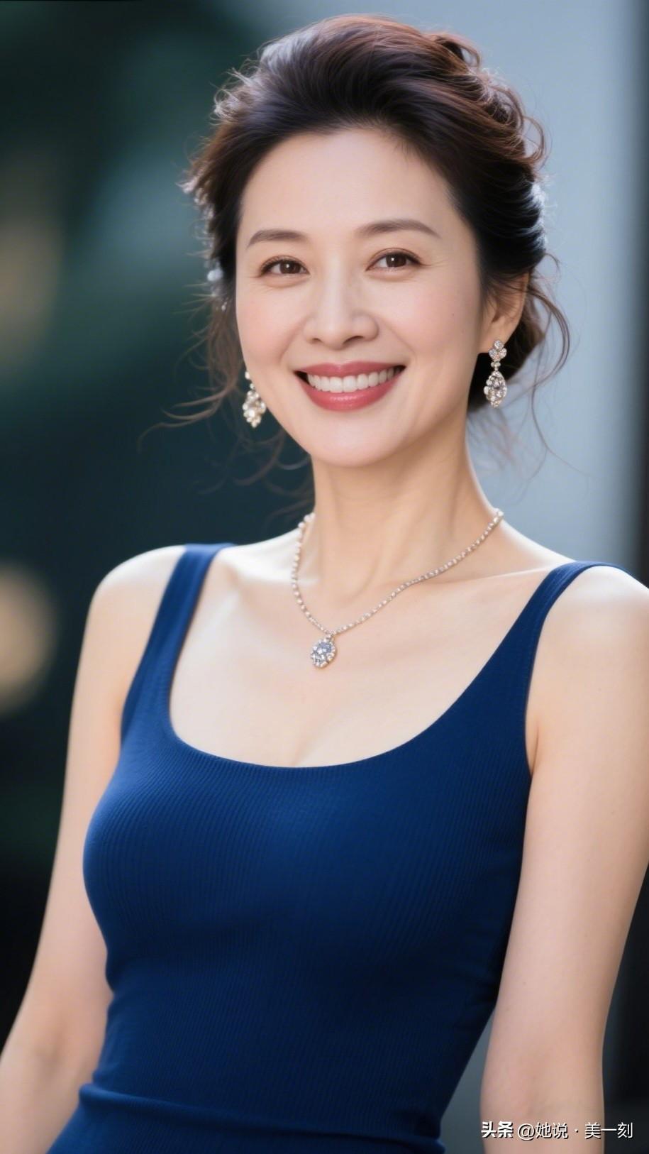 优雅蓝裙，微笑女神，闪耀珠宝，气质满分！50岁的年龄该怎么保养