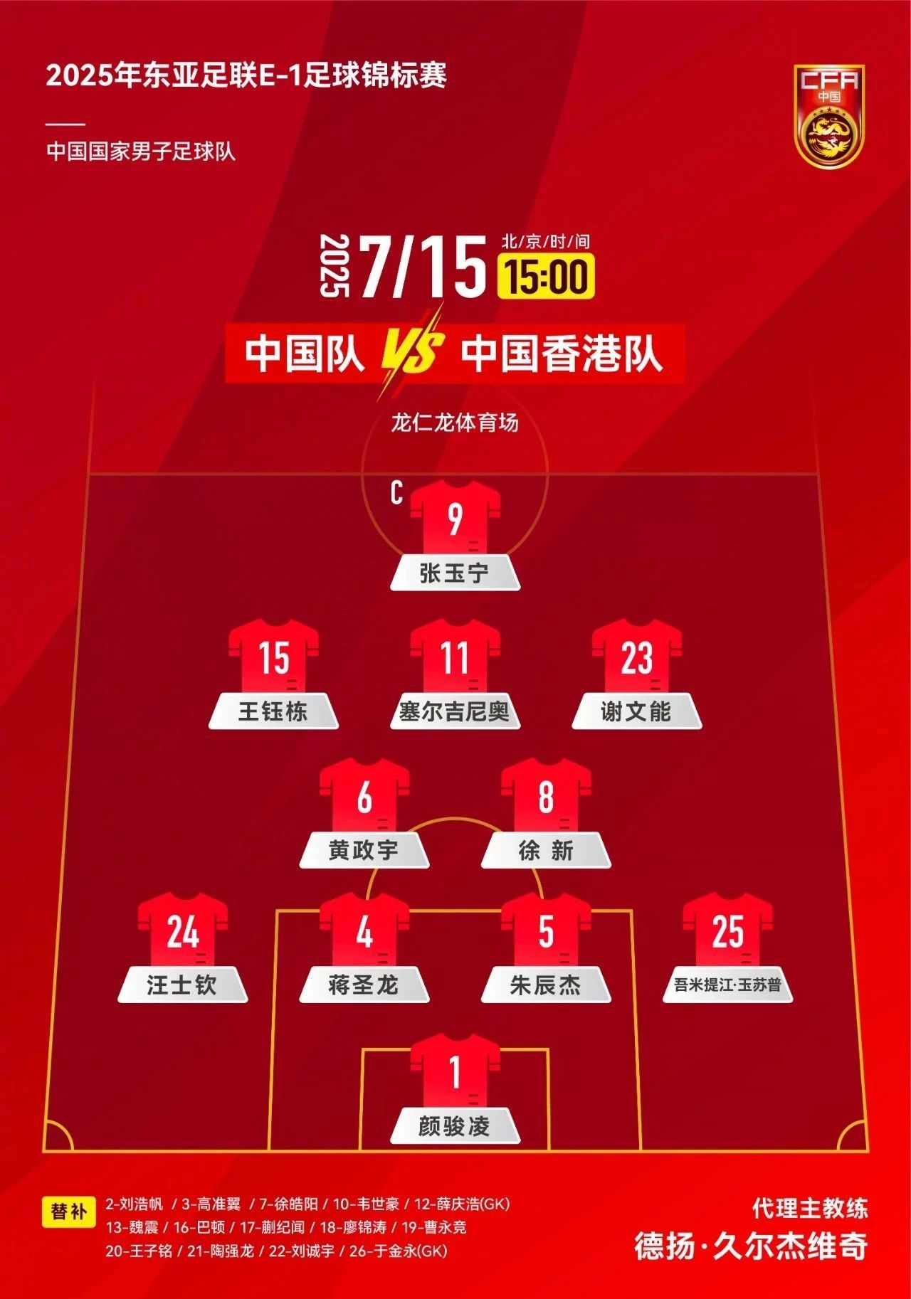 【#国足战中国香港首发出炉#】今天下午15点整，中国男足将对阵中国香港，比赛将在