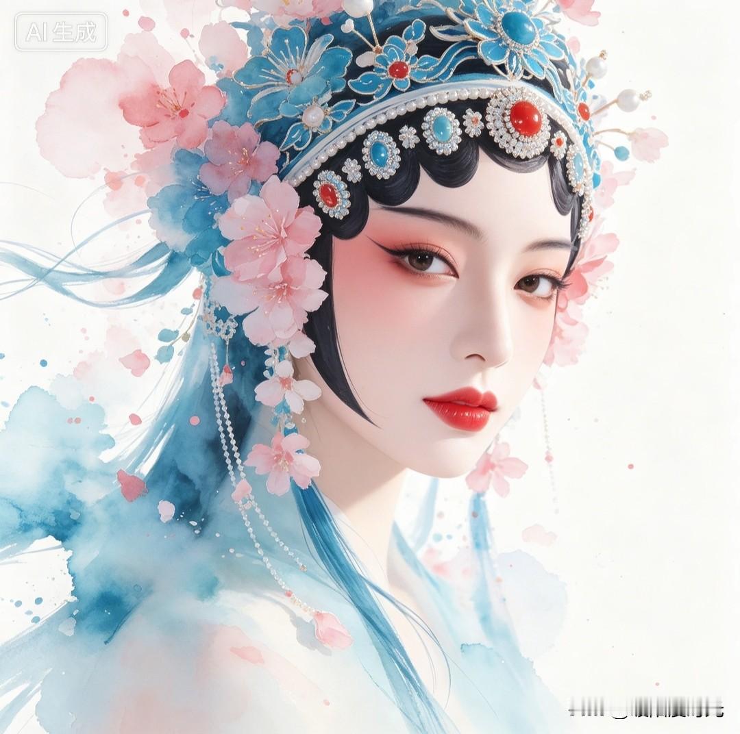 眉眼含情，一颦一笑皆是东方韵味。京剧花旦女子微侧容颜，精致花钿点染眉间，朱唇明艳