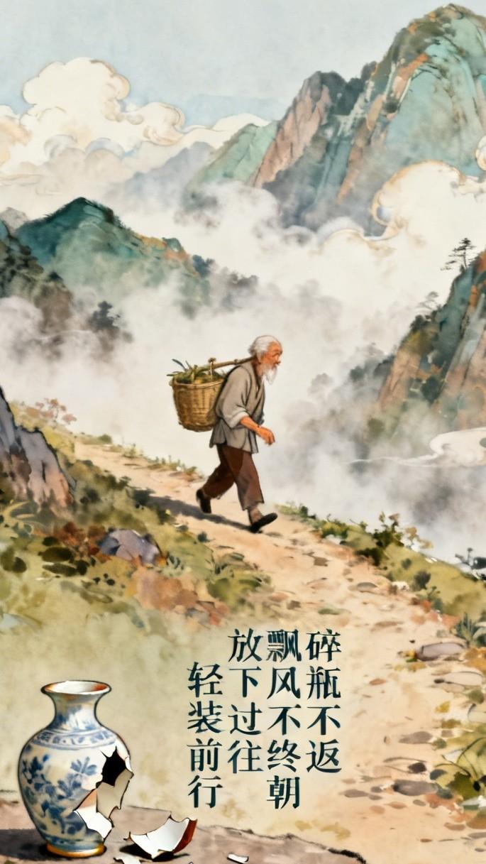 碎瓶不返：老人挑担赶路，花瓶坠地摔碎，他头也不回继续前行。旁人问之，他淡然道：“