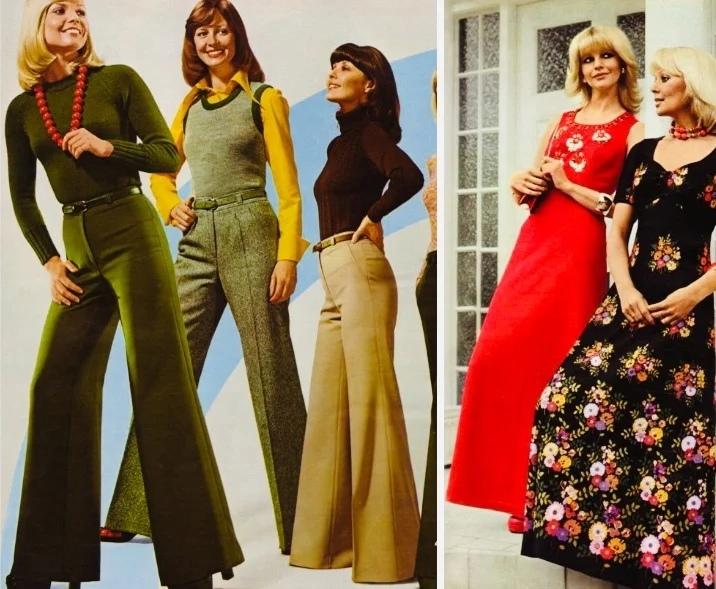 上世纪70 年代时尚延续了 60 年代的风格，起初用修身剪裁凸显女性柔美；随着潮
