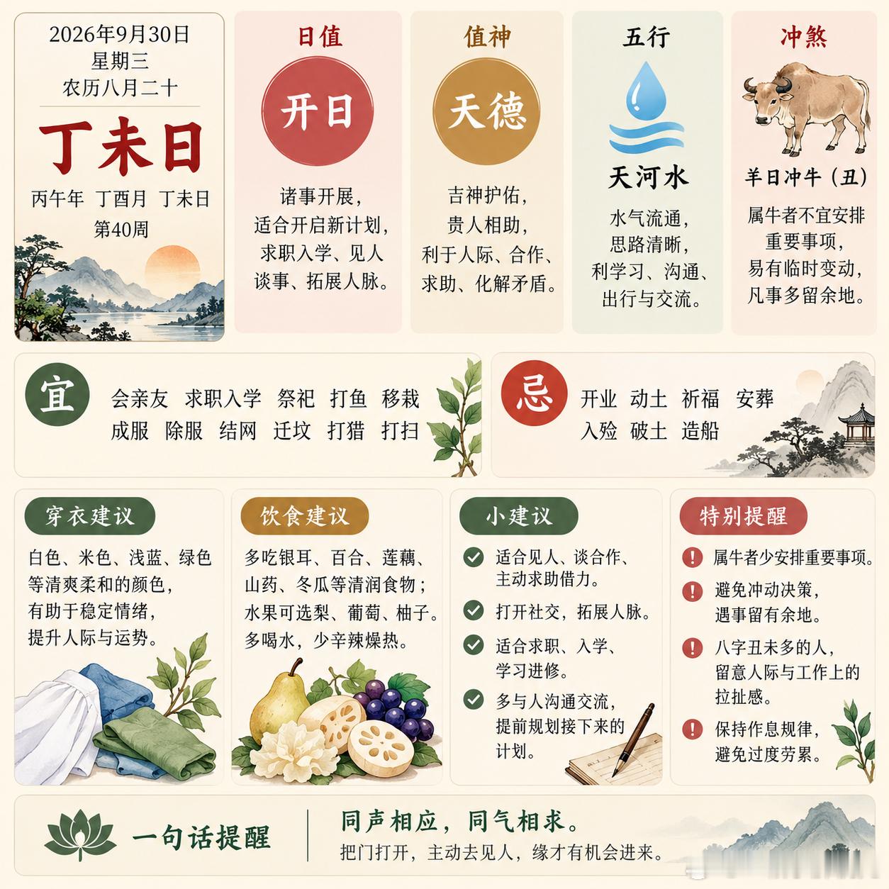 明日日课｜9月30日·丁未日明天丁未，天河水，开日，值神天德。开日的气比较舒展，