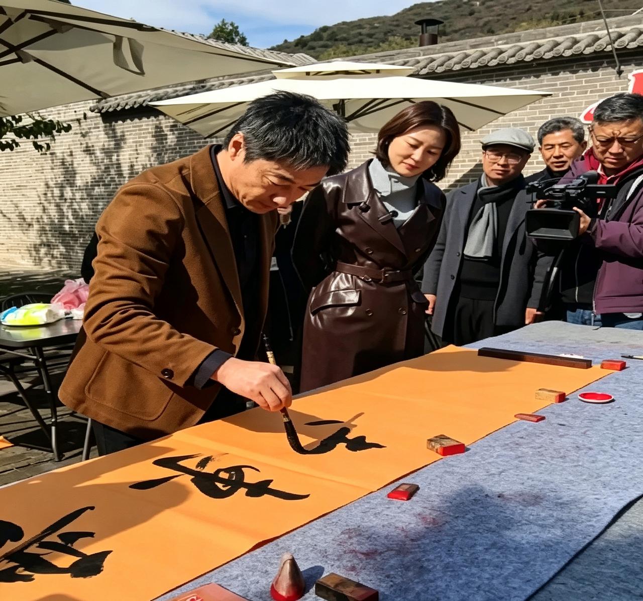 真没想到祖峰字写得这么绝！在山西采风现场，他提笔挥毫写下“晋东南之美”，旁边的刘