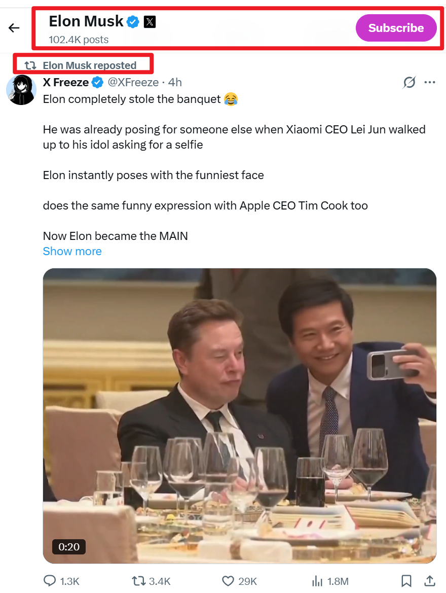 马斯克转发了，他和雷军/库克合影的帖子欧哥一句话锐评，树大招风没办法，咸吃萝卜淡