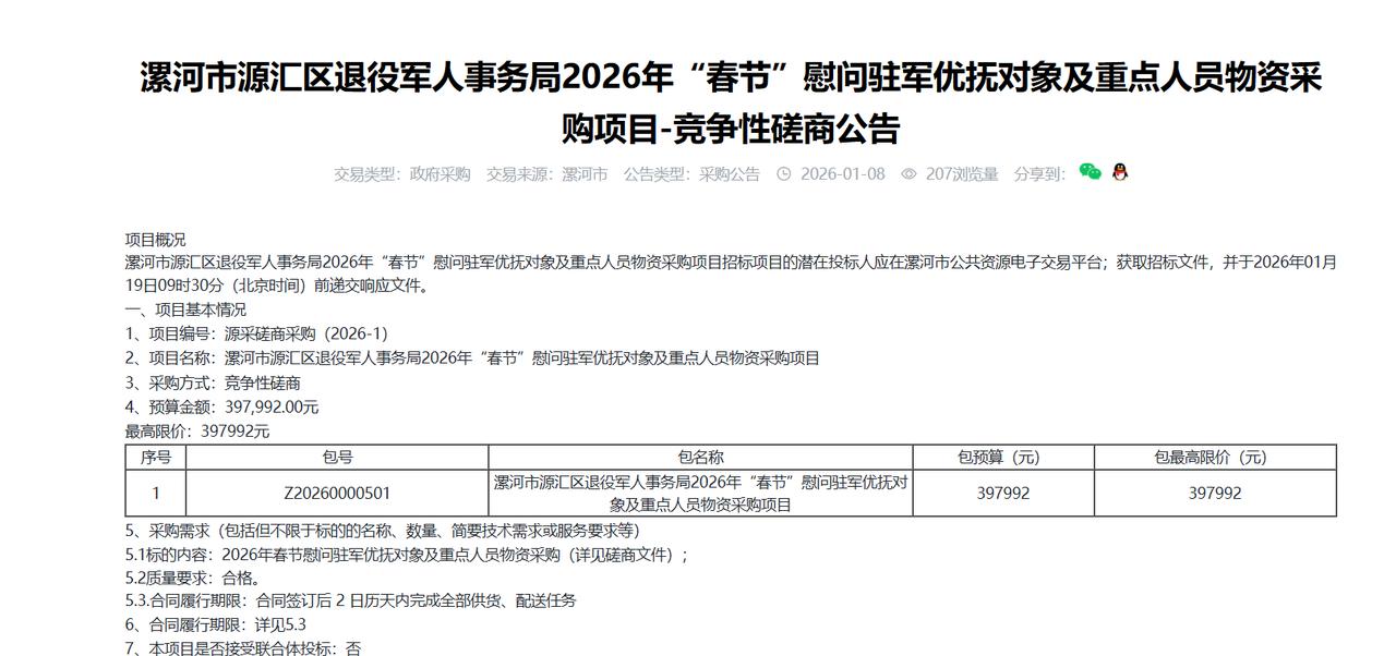 漯河市源汇区退役军人事务局2026年“春节”慰问驻军优抚对象及重点人员物资采购项