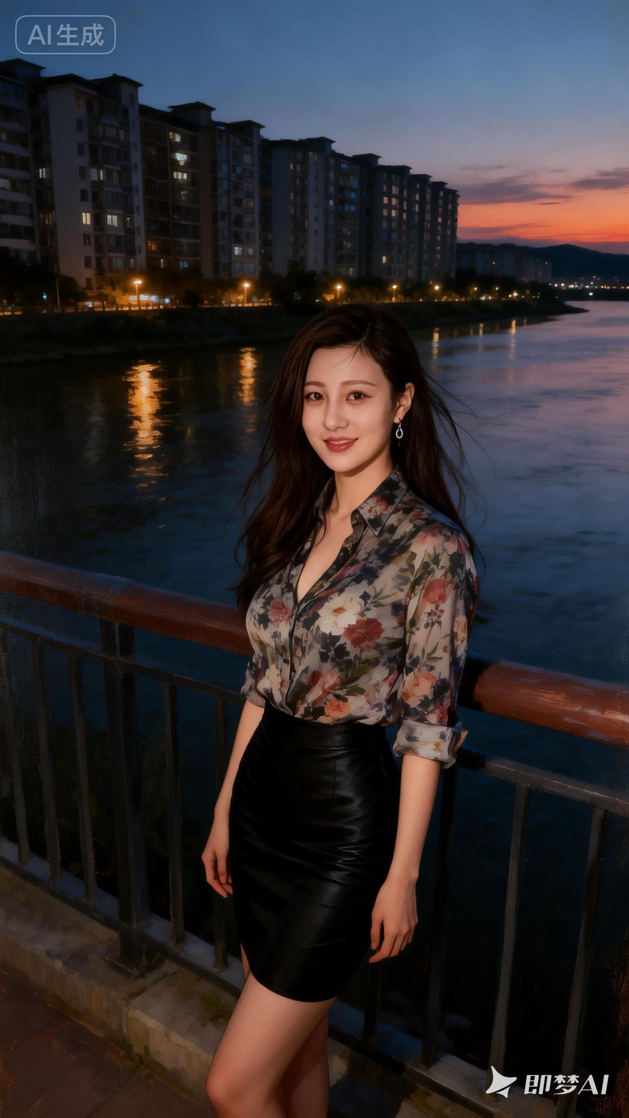 黄昏河畔，优雅少女，时尚穿搭，尽显魅力