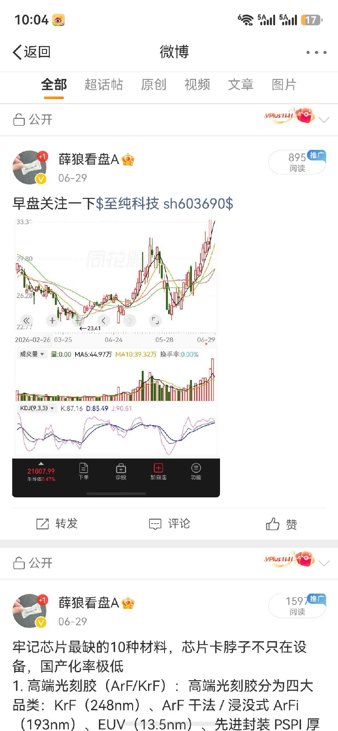 周一分享的$至纯科技 sh603690$今日大涨6%，继续加油涨停 