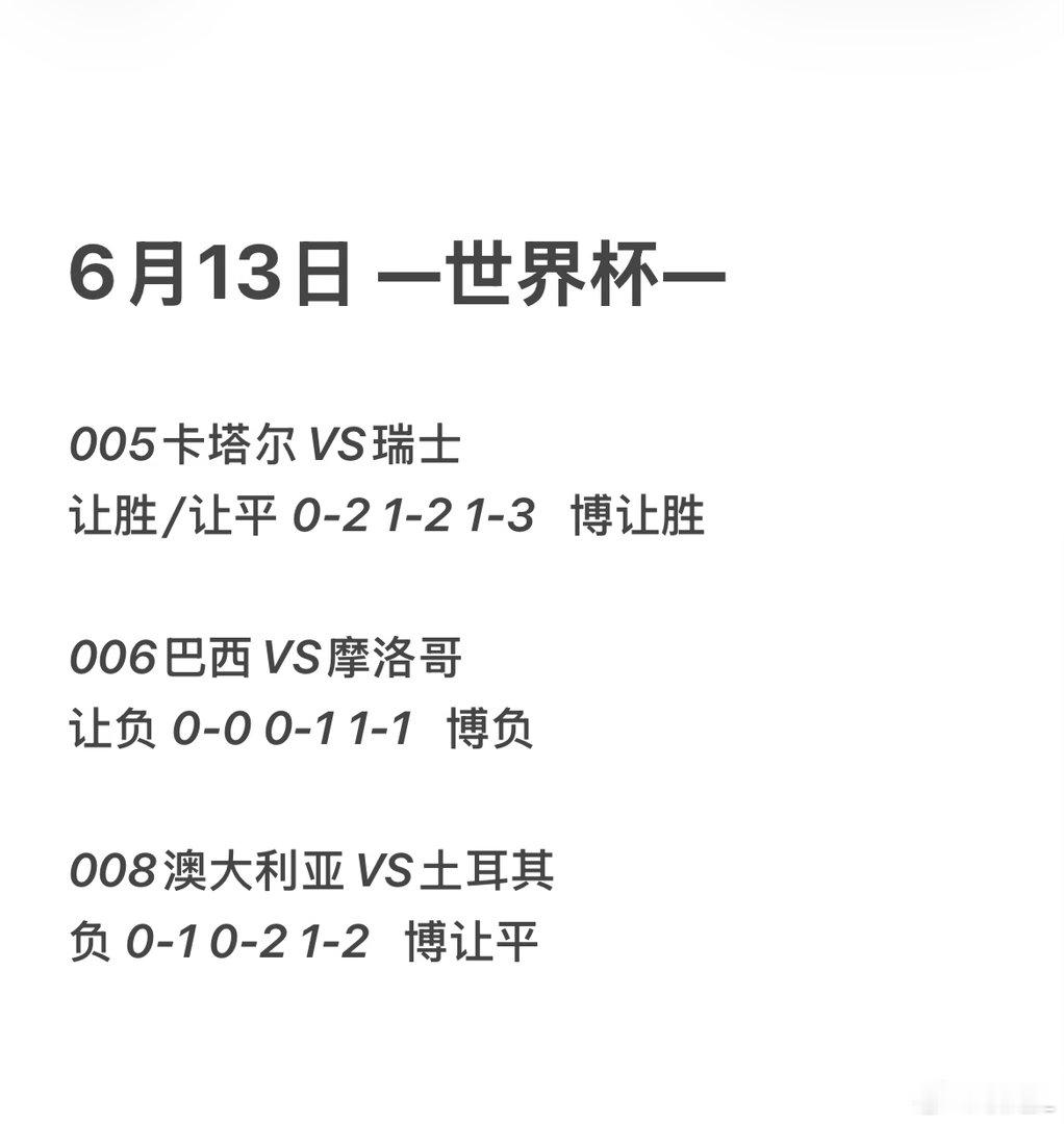 6月13日，顶级理解+顶级思考卡塔尔vs瑞士巴西vs摩洛哥澳大利亚vs土耳其美加