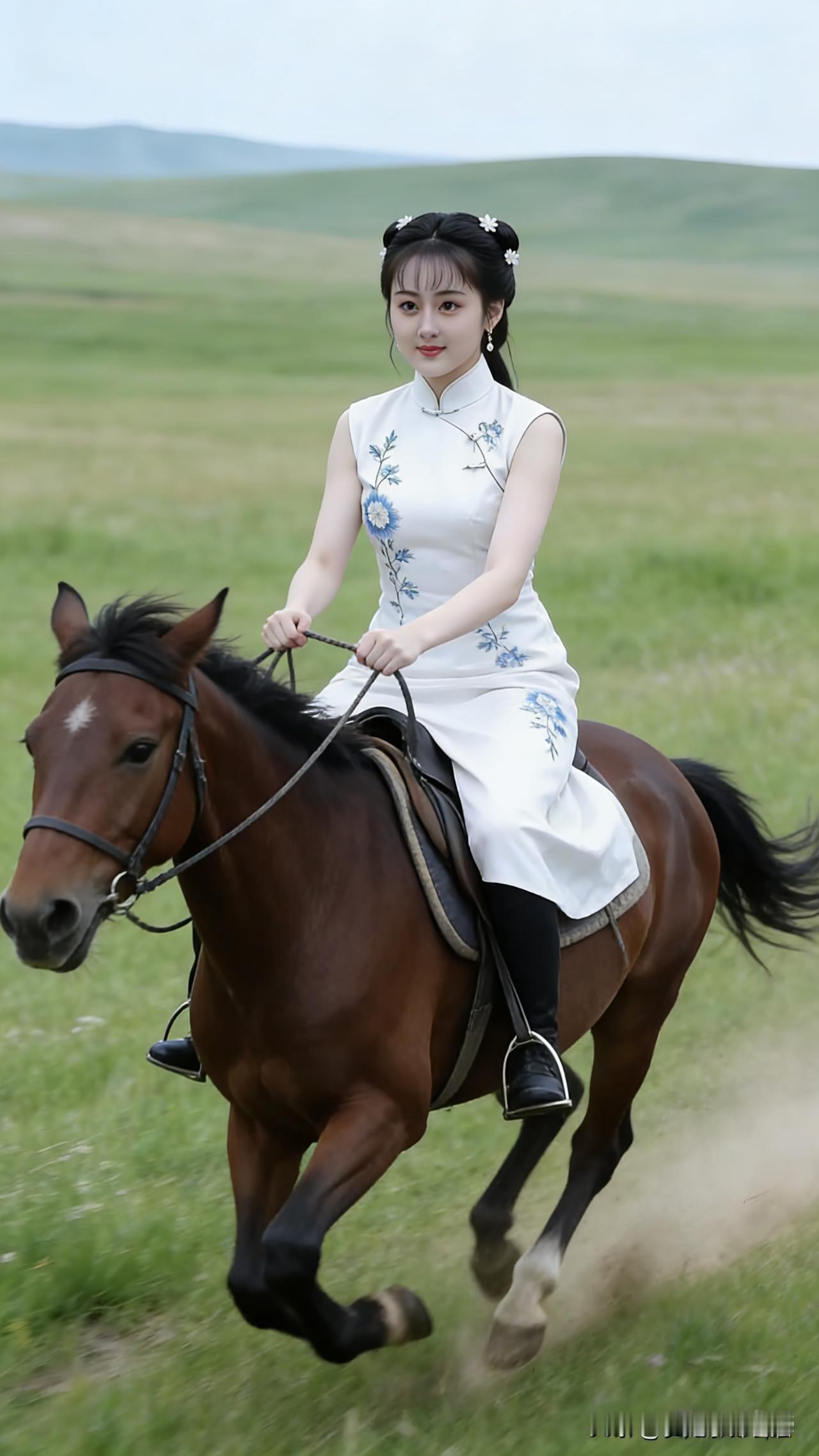 少女置身辽阔草原，策马奔腾，轻拉缰绳，骏马昂首驰骋。风拂发丝，身姿灵动，草原辽阔