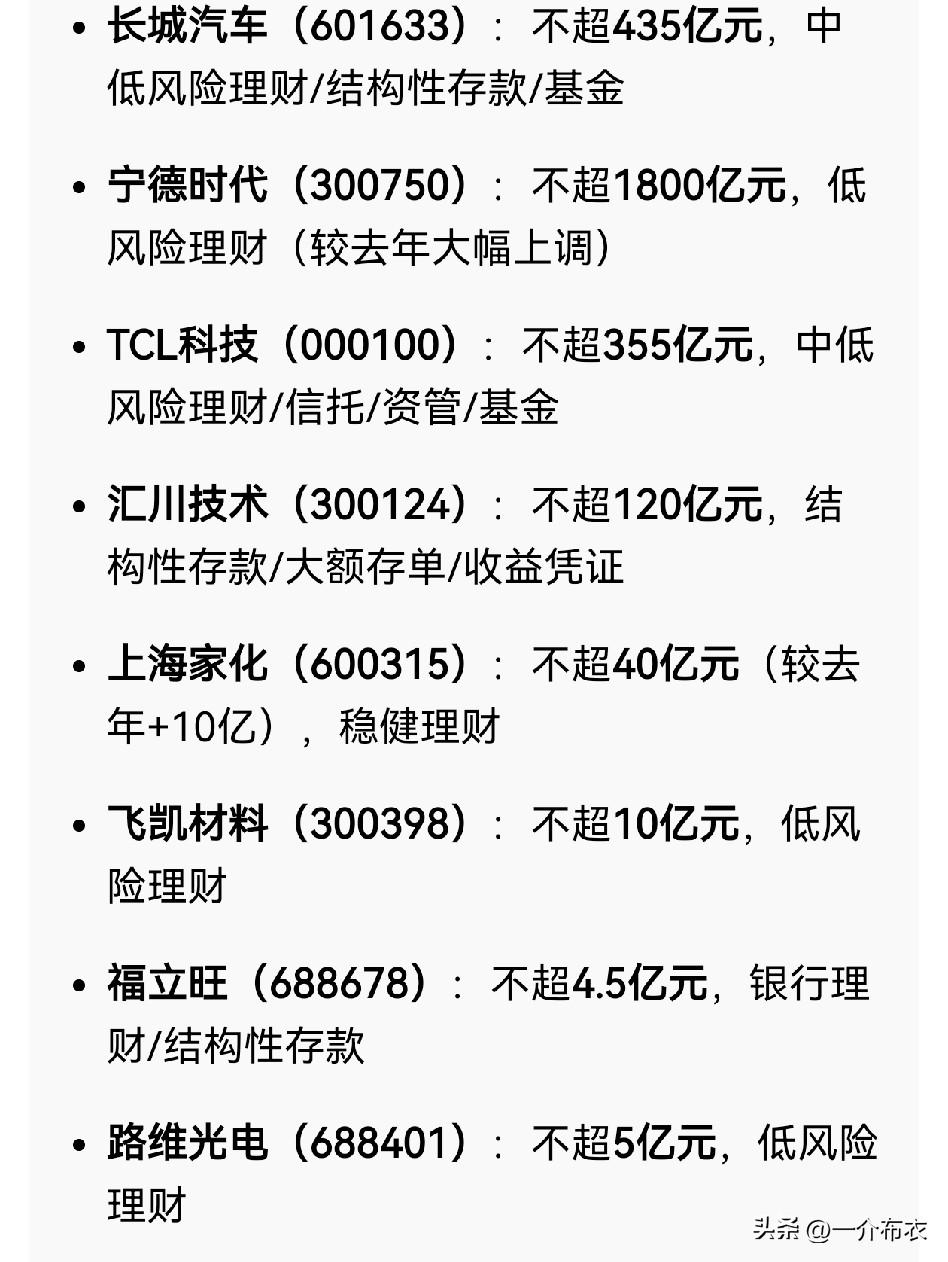 最近很多上市公司发布公告，拿闲置资金购买理财，就连长城、比亚迪、宁德时代这些大公