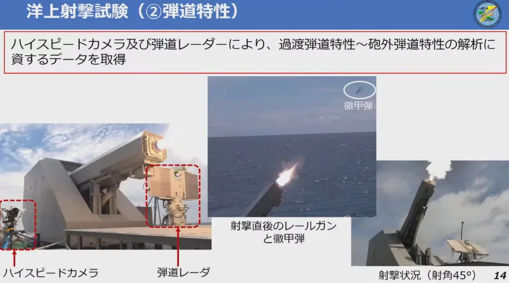 日本电磁轨道品验证船 asuka 海上射击实验命中移动靶。弹丸以 7 倍音速发射
