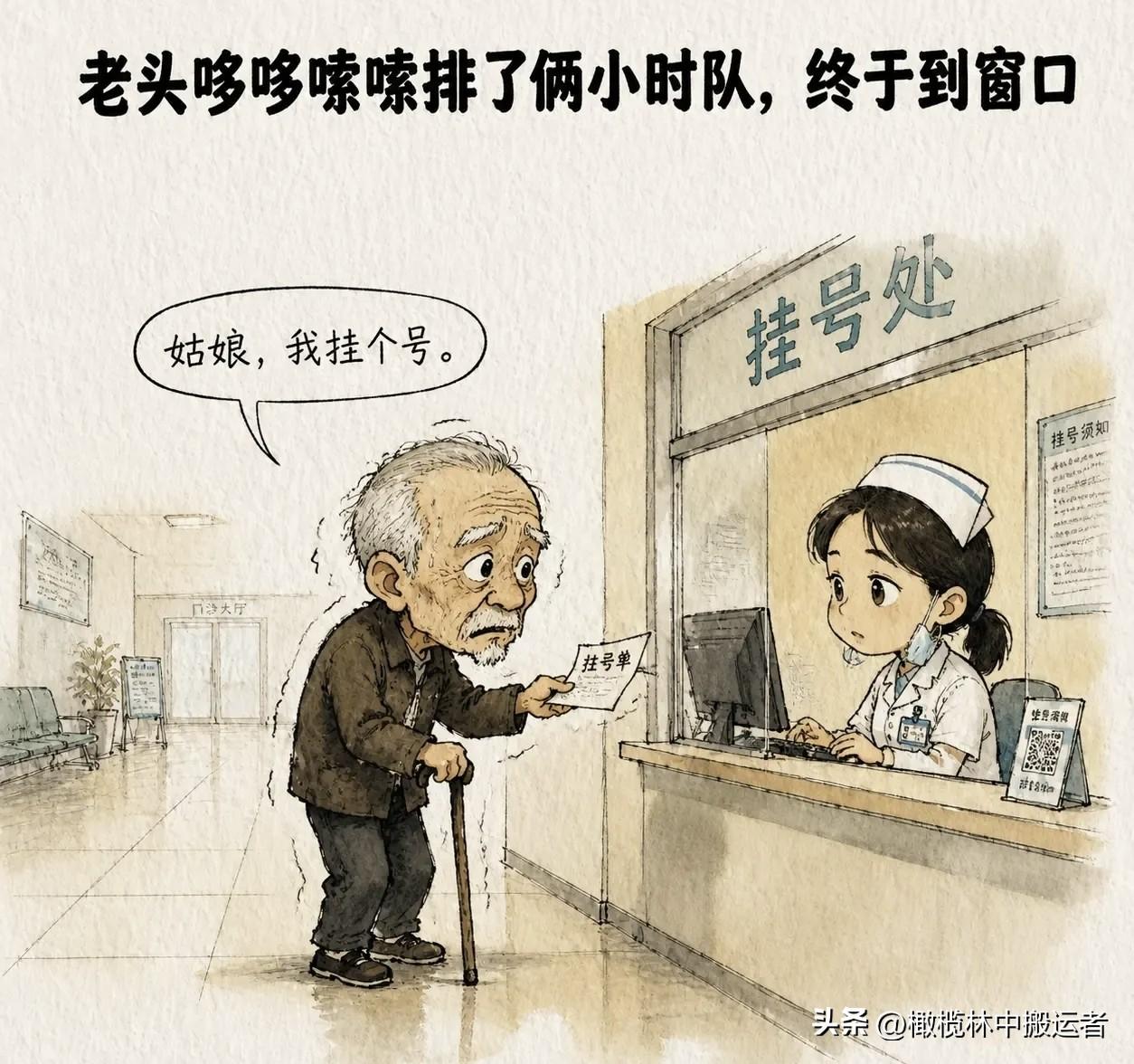 趣味漫画：老头哆哆嗦嗦排了俩小时队，终于到窗口。老头：「姑娘，我挂个号。」护士：