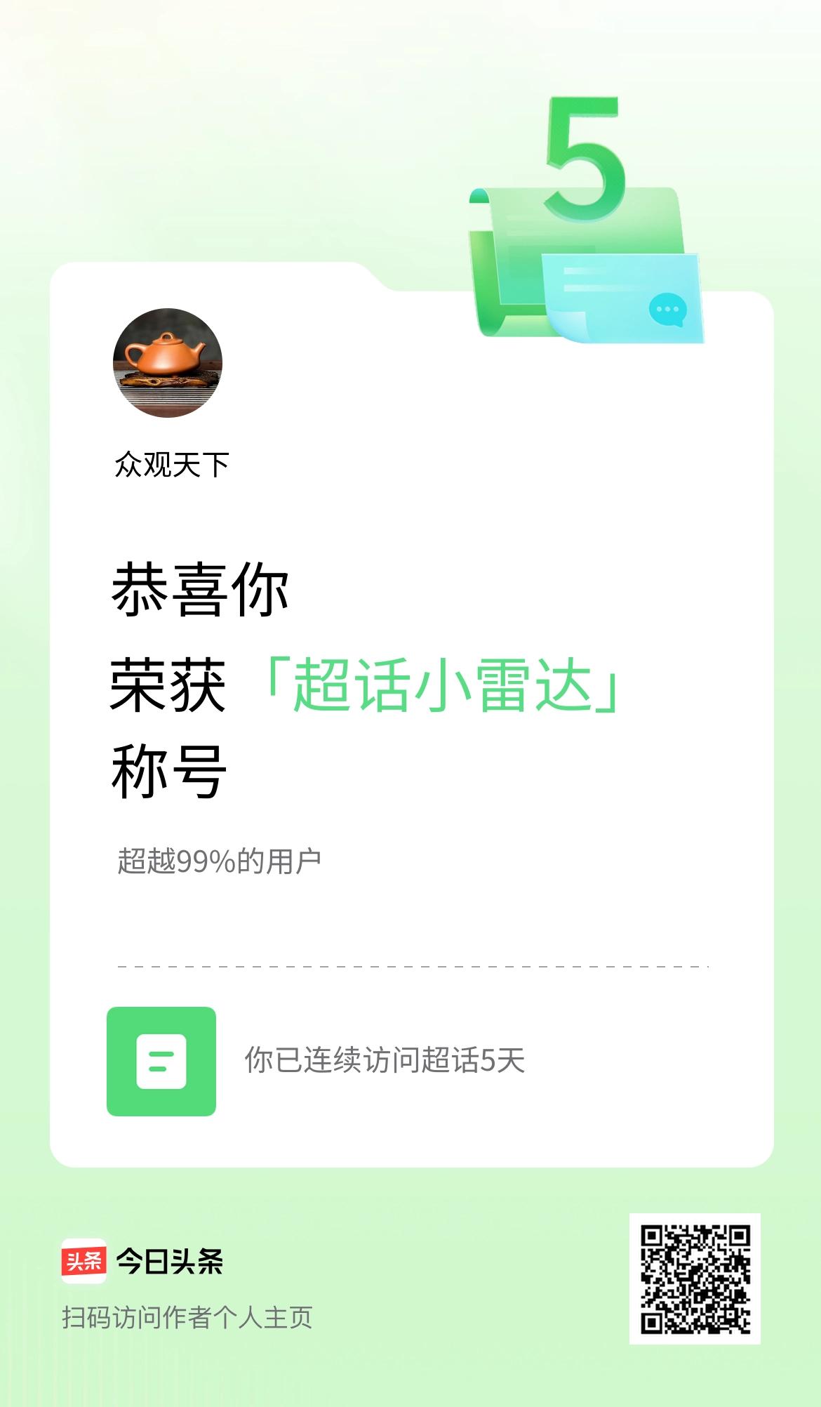 谁能想到，连续5天泡在头条超话，居然解锁了“超话小雷达”称号！这波打卡真的太值了