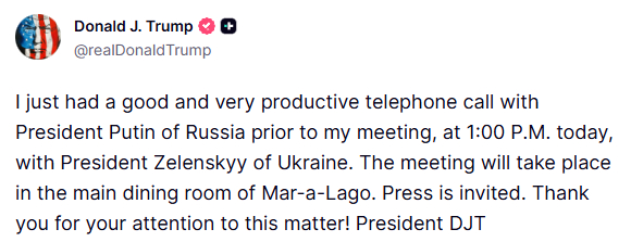 特朗普：我刚刚与俄罗斯总统普京进行了一次良好且非常富有成效的通话。通话是在我今天