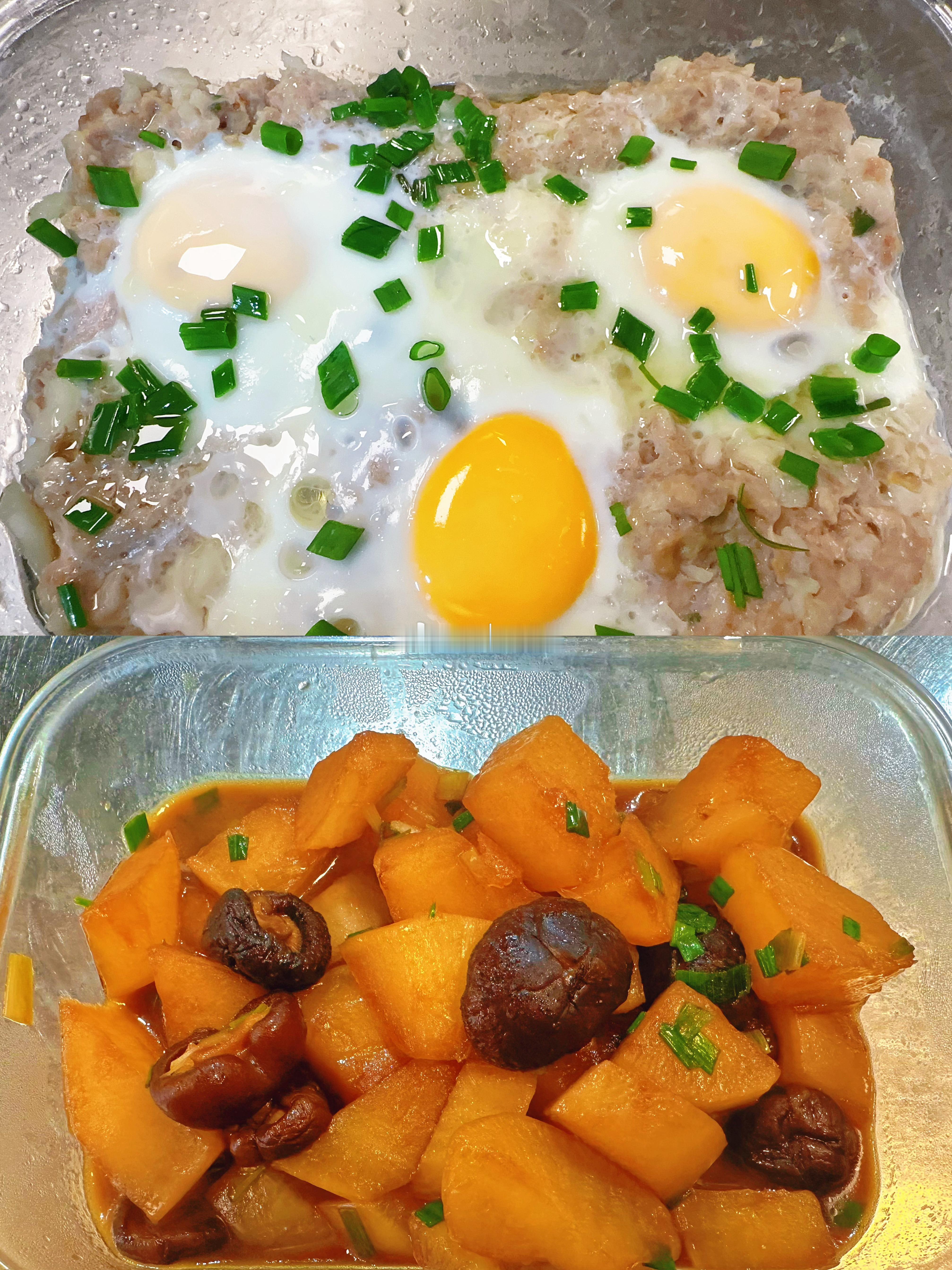 宵夜：肉饼炖蛋   素烧萝卜    榨菜肉丝汤。，开动啦，晚安💤💤 岑先生