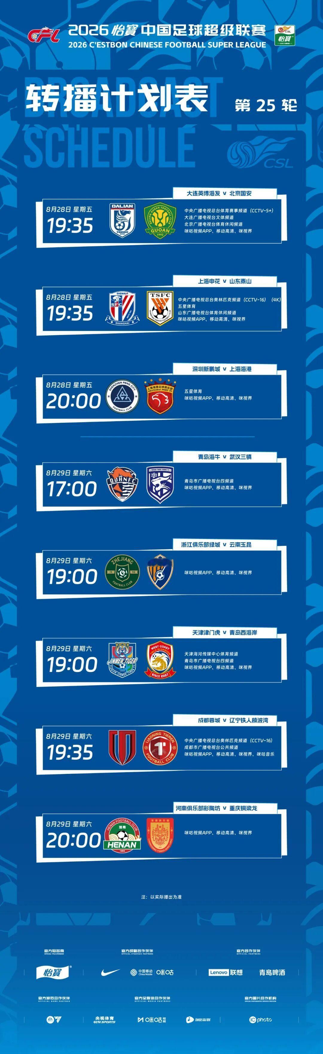 中超联赛进入收官阶段，第二十五轮赛事将于8月28日一8月29月两天进行，中央广播