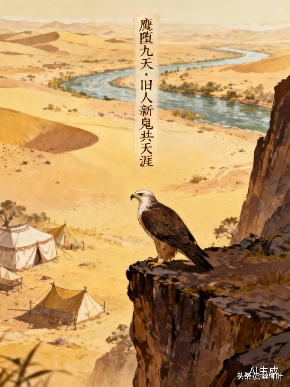 鹰堕九天·旧人新鬼共天涯

戈壁星垂，残羹暗洒，恩深反作寻常话。驼铃摇碎月如牙，