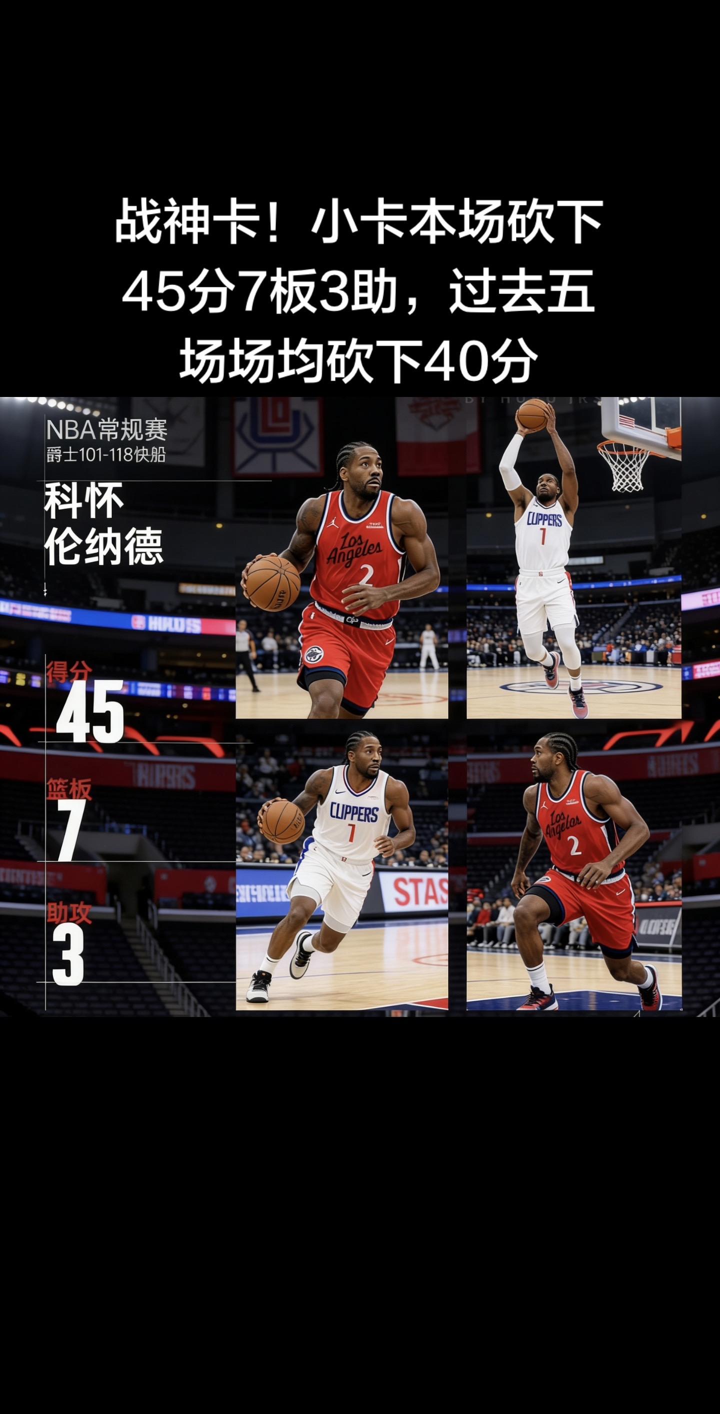 快船118-101爵士豪取6连胜，小卡（科怀·伦纳德）战神级输出，45...