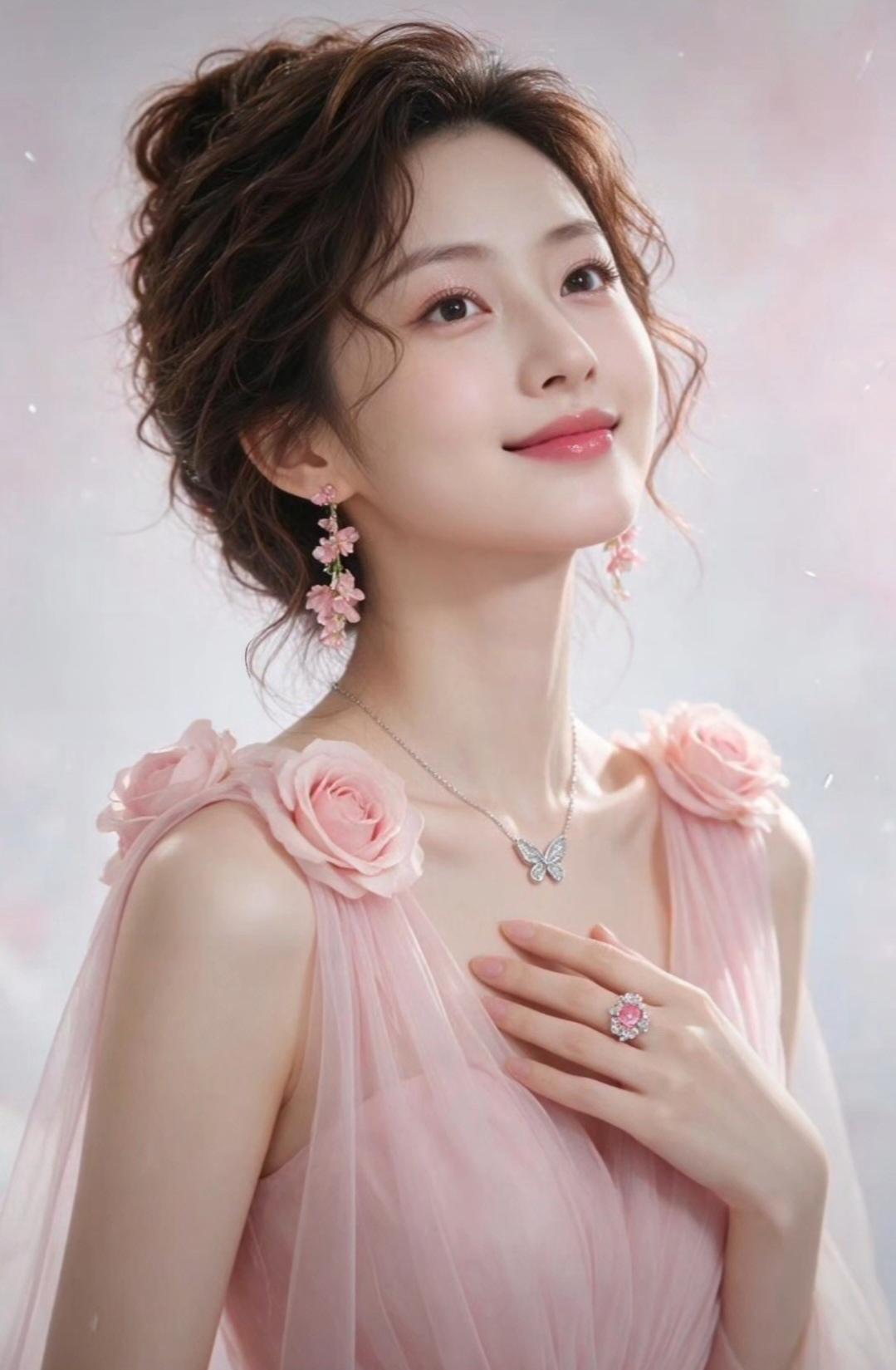 梦幻粉裙少女，温柔微笑，浪漫氛围满满🌸✨