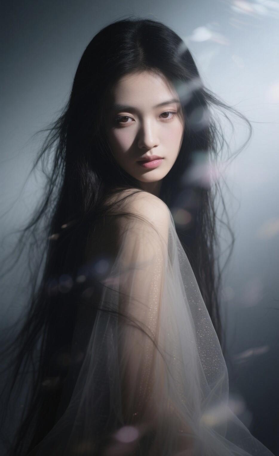 照片里藏着股子幽秘的美，溪流、乱石、深绿树林，构建出静谧又略带神秘的空间。人物身