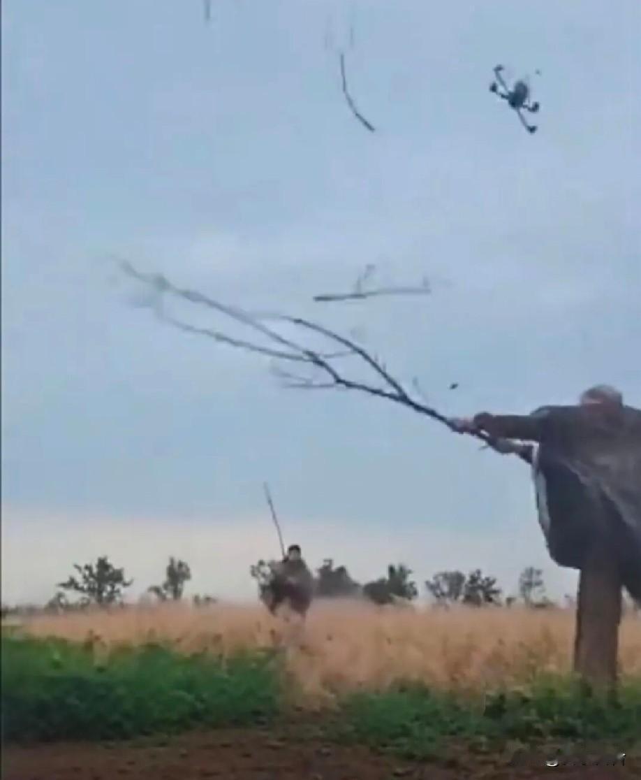 俄两名士兵用树枝打下乌一架无人机。

近日俄方发布一个视频。俄乌前线的田野中，一