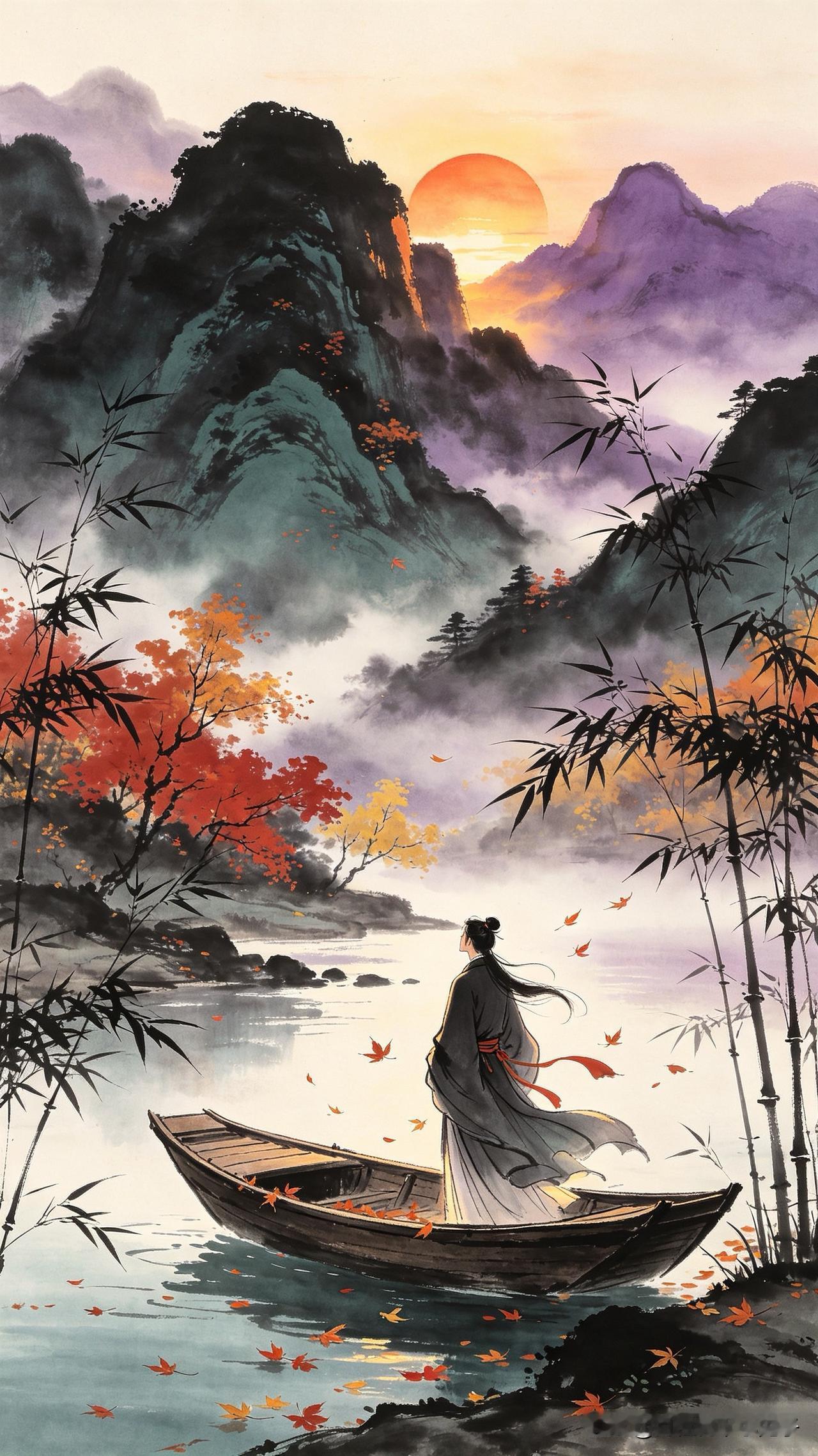 落叶飘零始觉秋，
远山如黛锁清愁。
风摇竹影斜阳外，
      
…………请师