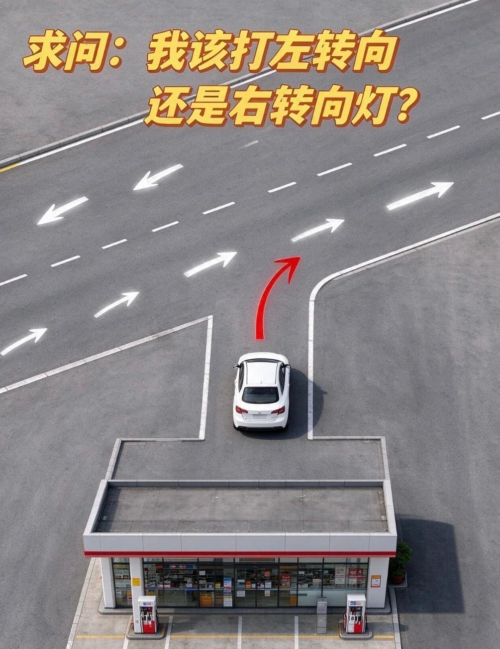 开车上路，下图中这种情况是争议最大的：从加油站出来汇入主路，到底该打左转向灯还是