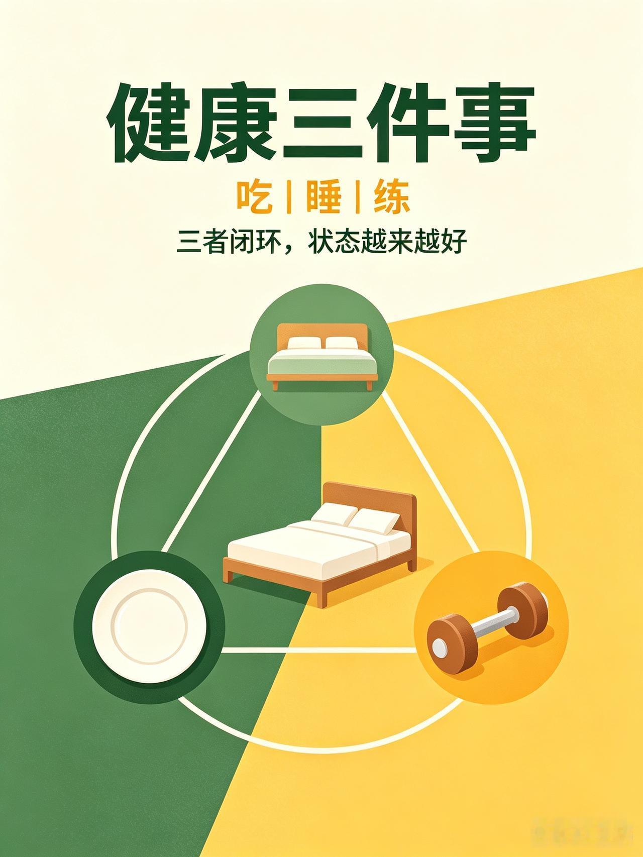人这一生，守住健康其实只需要三件事：吃、睡、练，三者缺一不可，少一样，长期下来身