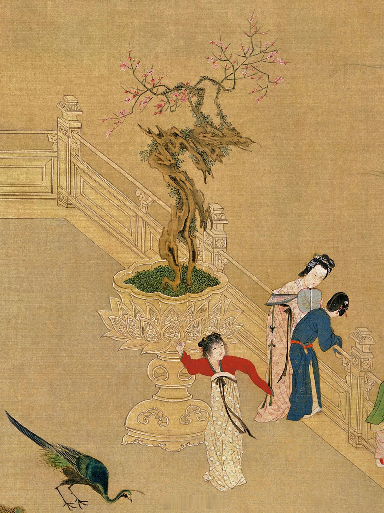 两版仇英《汉宫春晓图》里的花木盆石。#一起读点艺术史##物质文化资料##国潮正当