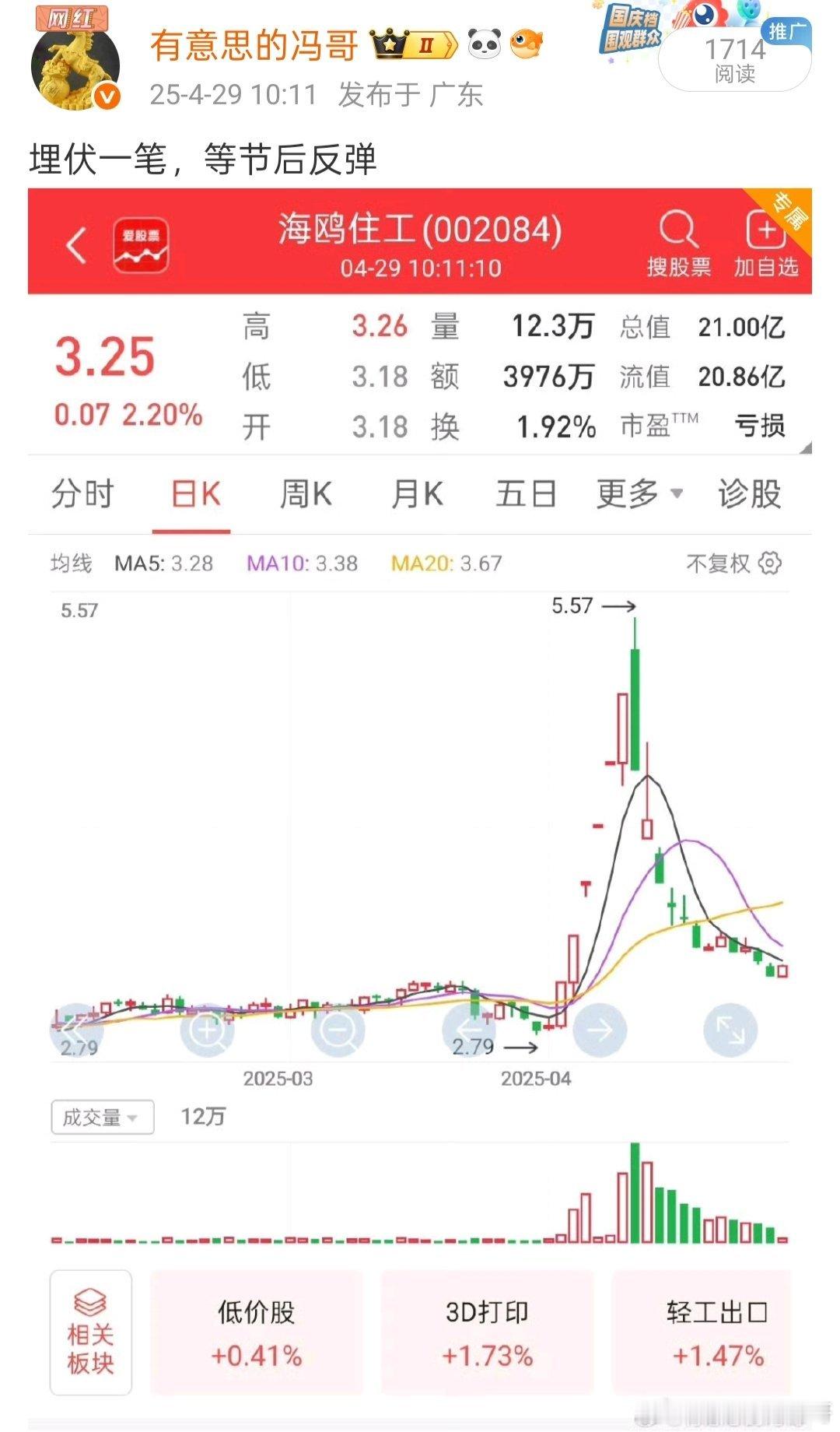 看图说话，埋伏的海鸥住工也已经走出5连阳的节奏了，非常完美的趋势表现，看看能否冲