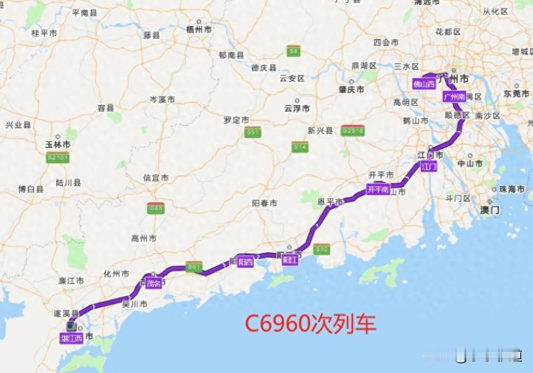 C6960次列车湛江至佛山动车
列车19:15从湛江西站始发，22:38到达终点