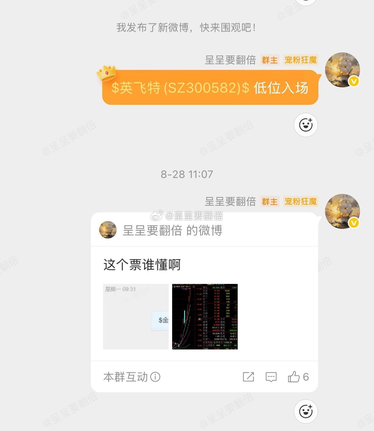 漂亮，我们上周五群里分享的$英飞特 sz300582$ 拉升7个多点了，恭喜买入