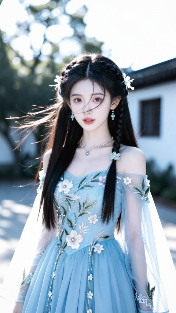 梦幻蓝裙少女，花海中的仙子