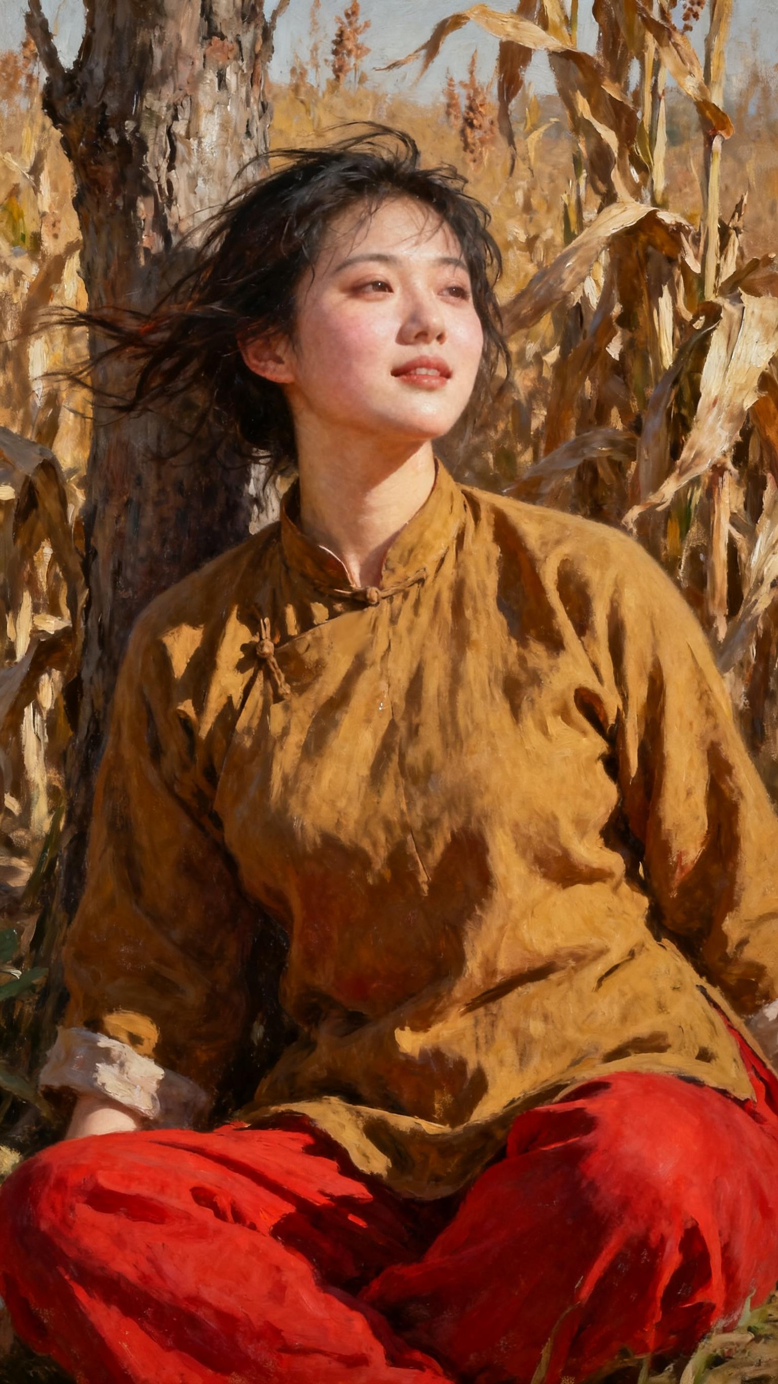 落日余晖映晚霞一抹夕阳美如画 复古穿搭  油画艺术