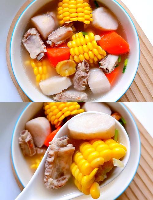 2. 主题
山药玉米排骨汤
准备食材：山药，玉米，排骨，胡萝卜，姜片，葱花。
做