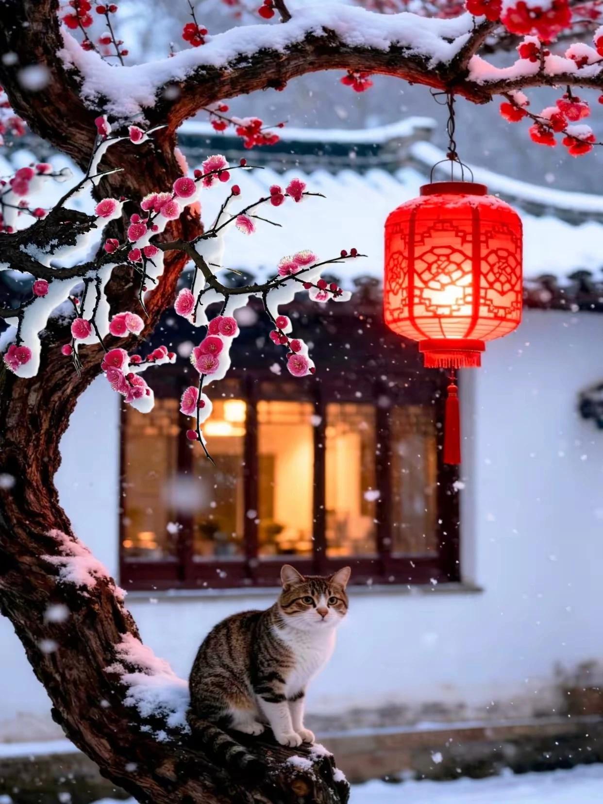 七绝:《雪庭猫趣》
雪覆梅梢绽艳红，
红灯摇暖院庭中。
狸奴懒卧寒枝上，
漫观琼