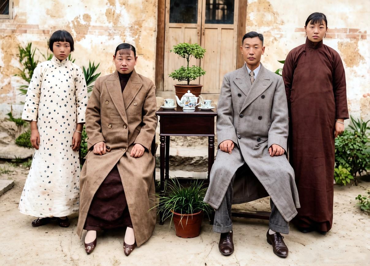 民国时期，开封的一户人家在门前合影。
 
男女主人正襟危坐，都留着那个年代最时髦