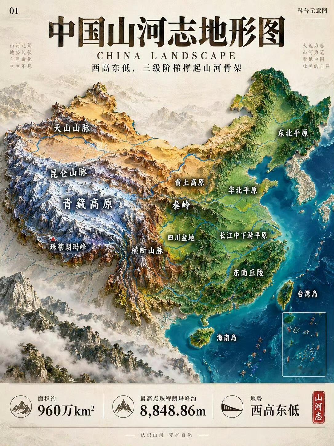 一张立体地形图，读懂中国山河骨架
 
这组3D地形图，把中国大地的模样直观展现在