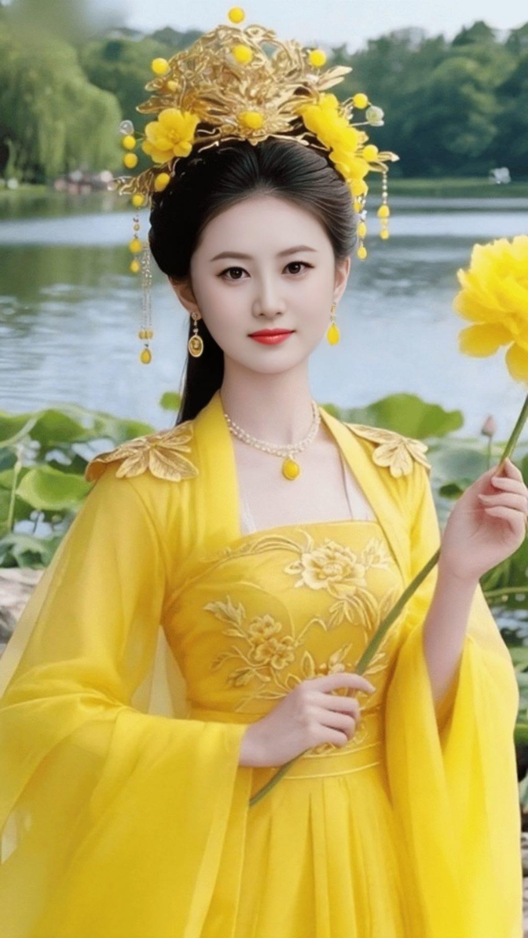 古风美女，黄衣飘飘，花海中漫步，如梦如幻
