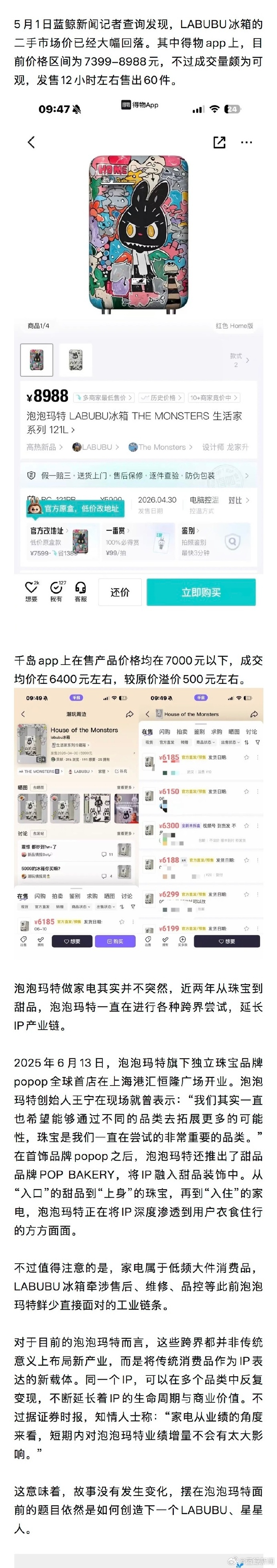 【#labubu冰箱二手价回落#，#labubu冰箱二手价一夜跌10000元#】